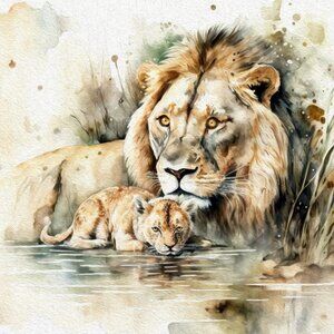 8x10 Lion‎ Watercolor Gorgeous Oil Painting Print Animal Resting